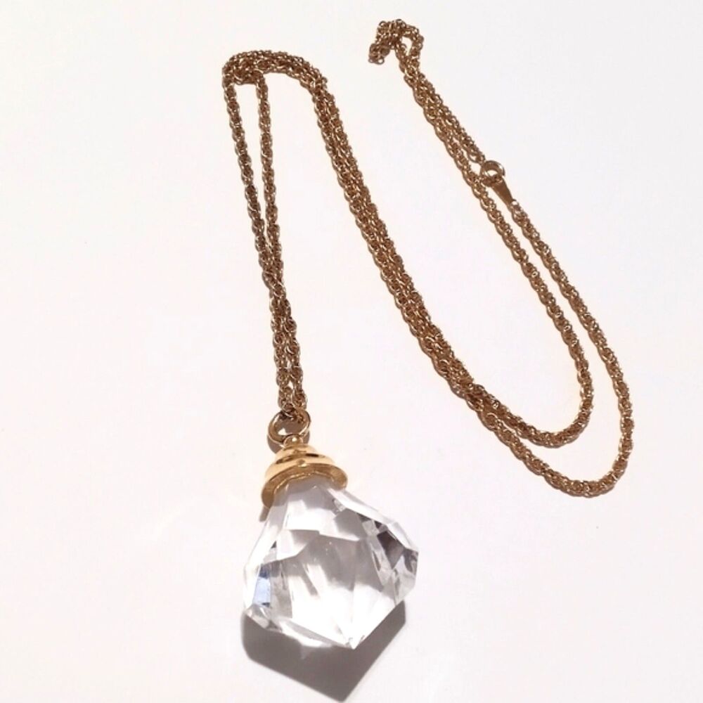 Gold Tone Faux Crystal Drop Pendant Necklace 28" Chain - Picture 6 of 7